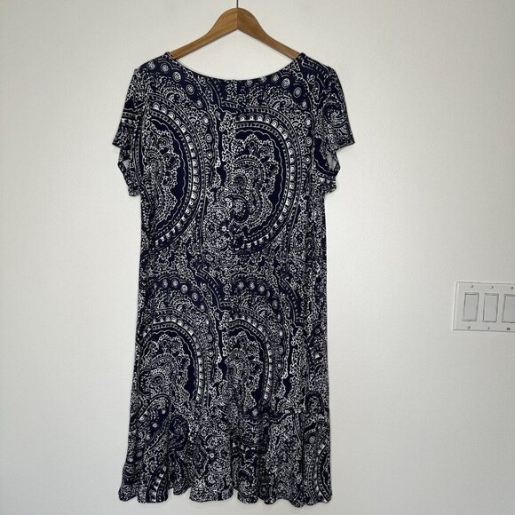 Cynthia Rowley Shift Dress 1X Navy Blue Paisley V Neck Knit Stretch - Picture 2 of 8